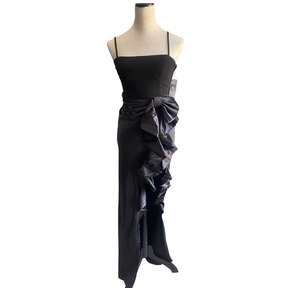 City Studio Womens Black Satin Ruffle Bow Front Slit Gown Dress Size 1/2 NEW